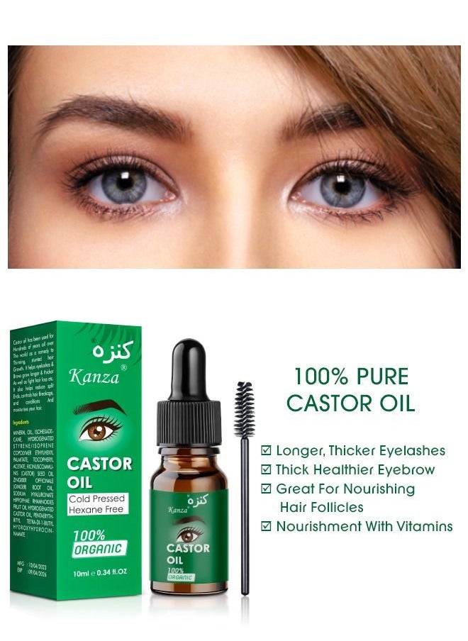 Kanza - 100% Organic Castor Oil for Eyelashes Eyebrows Hair Black Castor Oil Natural Cold Pressed Hair Growth Oil Hexane Free Growth Serum for Fuller Thicker Lashes and Brows for Women 10ml - Image 1