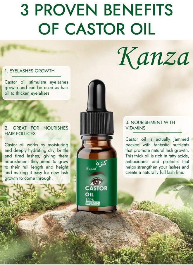Kanza - 100% Organic Castor Oil for Eyelashes Eyebrows Hair Black Castor Oil Natural Cold Pressed Hair Growth Oil Hexane Free Growth Serum for Fuller Thicker Lashes and Brows for Women 10ml - Image 1