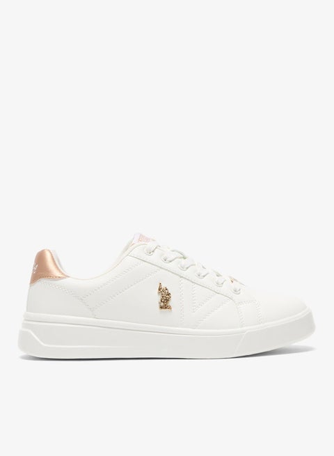 Women's White Low-Top Sneakers - Classic Style Shoes with Gold Accent and Cushioned Comfort Sole for Everyday Wear