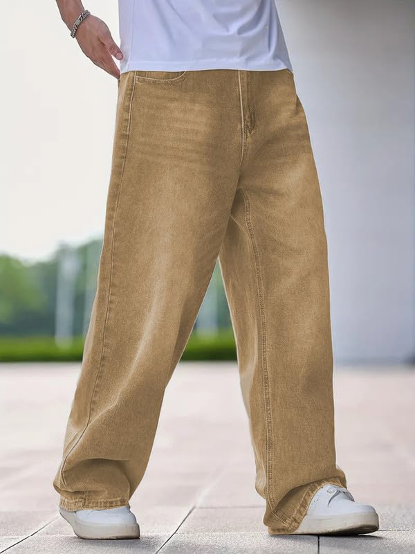 Waltz Men's High Waist Stretchable Oversized Baggy Loose Relax Fit Wide Leg Boy Friend Casual Denim Jeans Pant for Men, Size 30 Khaki - Image 2