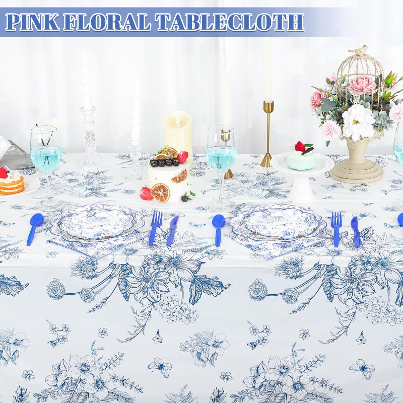 NatNarr 3 Pack Blue Floral Tablecloth, 54 X 108Inch Plastic Tea Party Tablecloths Disposable Vintsage Table Cloths Blue and White Porcelain Tables Decor for Mother's Day Birthday Garden Wedding Tea Party - Image 3