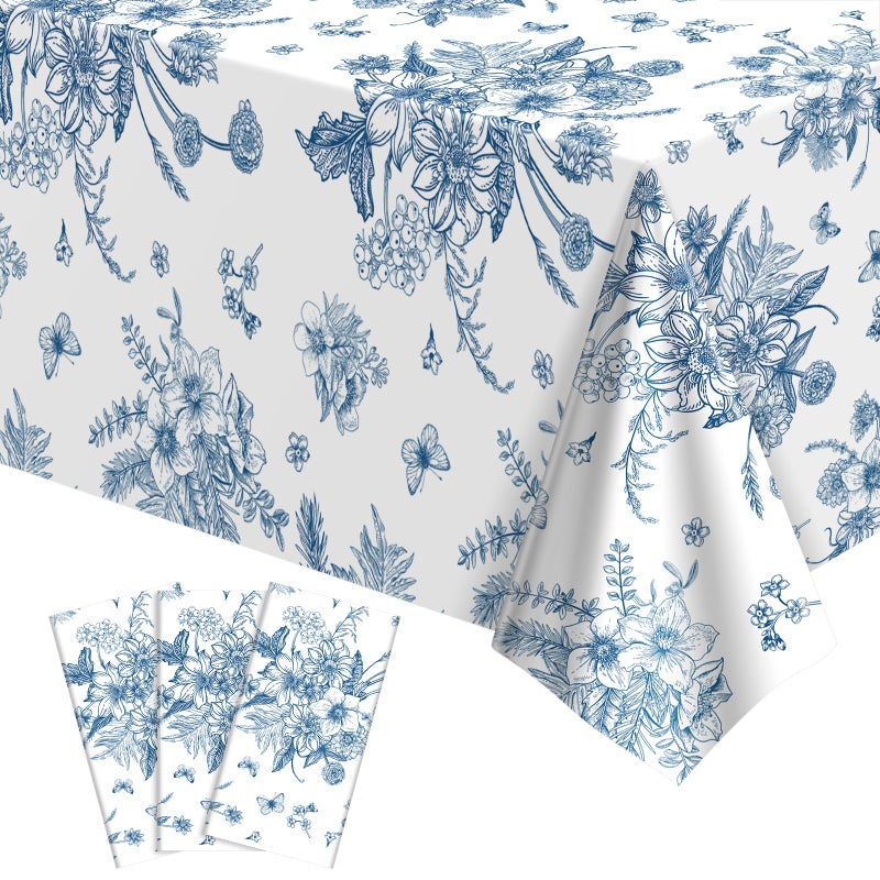 NatNarr 3 Pack Blue Floral Tablecloth, 54 X 108Inch Plastic Tea Party Tablecloths Disposable Vintsage Table Cloths Blue and White Porcelain Tables Decor for Mother's Day Birthday Garden Wedding Tea Party - Image 1