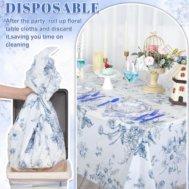 NatNarr 3 Pack Blue Floral Tablecloth, 54 X 108Inch Plastic Tea Party Tablecloths Disposable Vintsage Table Cloths Blue and White Porcelain Tables Decor for Mother's Day Birthday Garden Wedding Tea Party - Image 4
