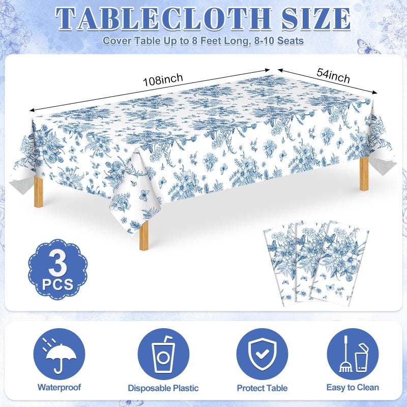 NatNarr 3 Pack Blue Floral Tablecloth, 54 X 108Inch Plastic Tea Party Tablecloths Disposable Vintsage Table Cloths Blue and White Porcelain Tables Decor for Mother's Day Birthday Garden Wedding Tea Party - Image 2