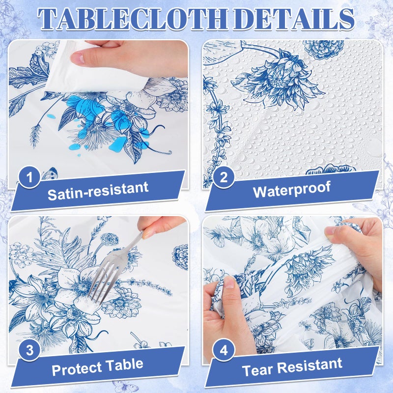 NatNarr 3 Pack Blue Floral Tablecloth, 54 X 108Inch Plastic Tea Party Tablecloths Disposable Vintsage Table Cloths Blue and White Porcelain Tables Decor for Mother's Day Birthday Garden Wedding Tea Party - Image 5