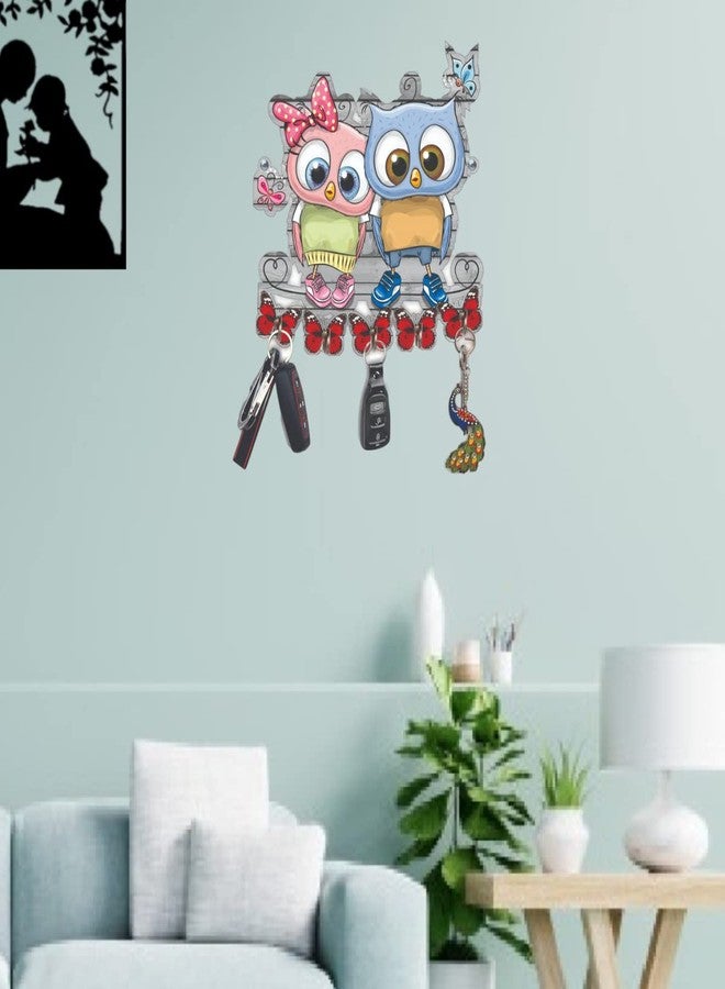 ART PLUS STORE حامل مفاتيح خشبي مزخرف للجدران من متجر آرت بلس، حامل مفاتيح أنيق لتزيين الجدران، حامل مفاتيح كبير الحجم بـ 7 خطافات (بومة) - Image 3