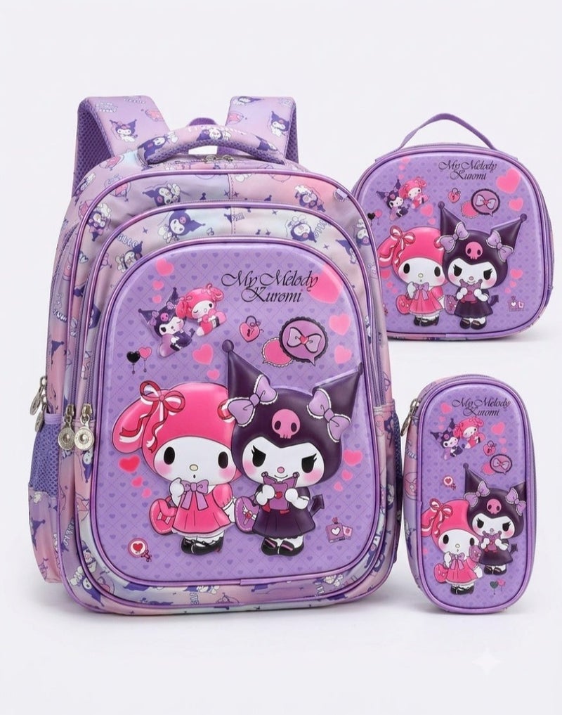 kuromi school bag set with lunch bag and pencil case ,my melody kuromi theme,,44x34x20 cm ,large capacity,3 piece - Image 1
