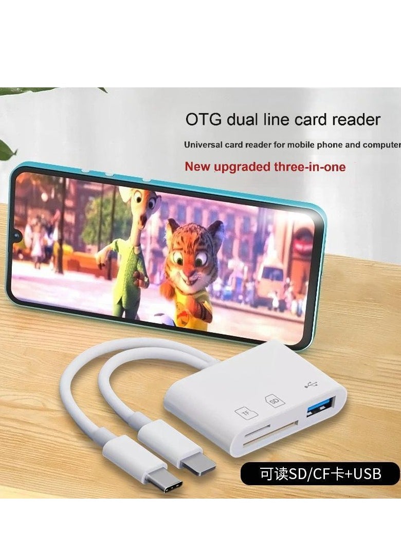 3-in-1 Dual Interface Card Reader – USB + SD + TF Adapter with USB-C & Lightning Connectors for iPhone, iPad, Android, Laptop – OTG Plug & Play, Boxed Portable Design