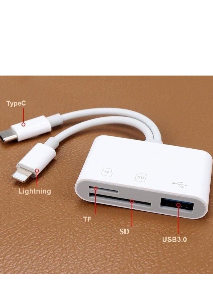 3-in-1 Dual Interface Card Reader – USB + SD + TF Adapter with USB-C & Lightning Connectors for iPhone, iPad, Android, Laptop – OTG Plug & Play, Boxed Portable Design