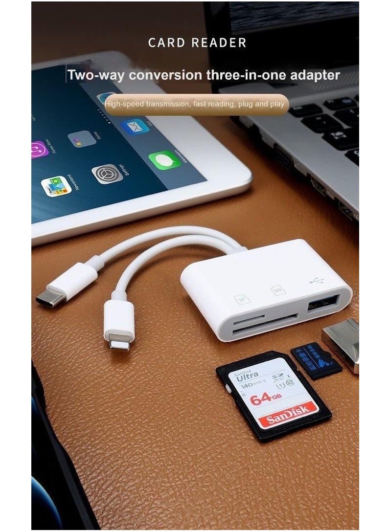 3-in-1 Dual Interface Card Reader – USB + SD + TF Adapter with USB-C & Lightning Connectors for iPhone, iPad, Android, Laptop – OTG Plug & Play, Boxed Portable Design