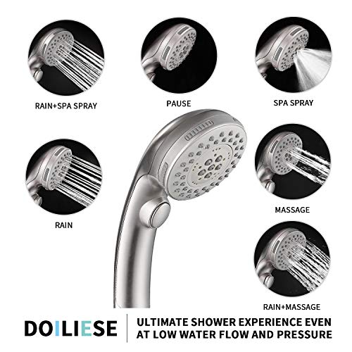 DOILIESE Shower Head, High Pressure 6 Setting Shower Head Hand-Held with ON/OFF Switch and Spa Spray Mode - Shower Heads with Handheld Spray High Pressure - Brushed Nickel - Image 2