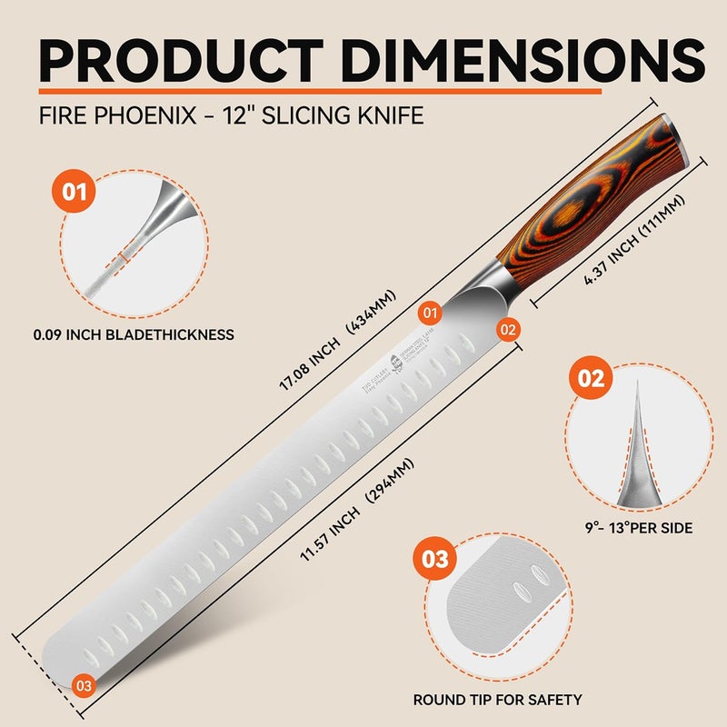 TUO Carving Knife, 12 inch Brisket Knife for Cutting Meat, Slicing Through Roast & Bacon, Sharp German Steel, Ergo Pakkawood Handle, BBQ Gifts for Men - Image 3