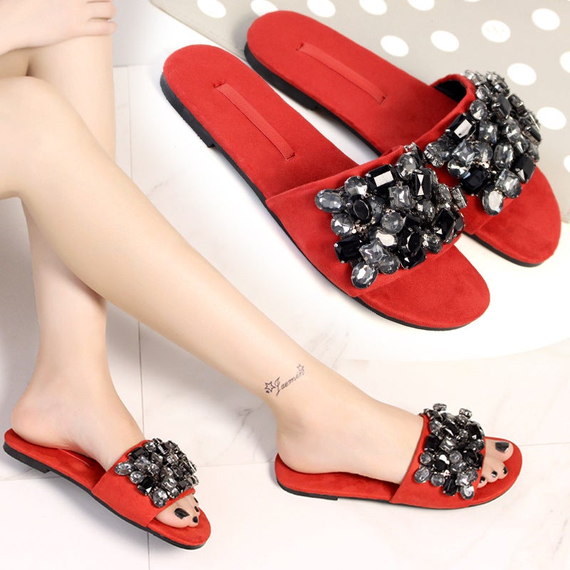 Large Rhinestone Flat Slippers Women'S Outer Wear 2023 Fashion All-Match Non-Slip Flat Heel Women'S Sandals - Image 1