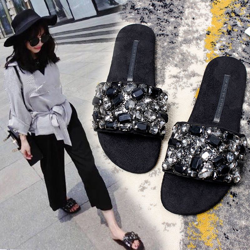 Large Rhinestone Flat Slippers Women'S Outer Wear 2023 Fashion All-Match Non-Slip Flat Heel Women'S Sandals - Image 2