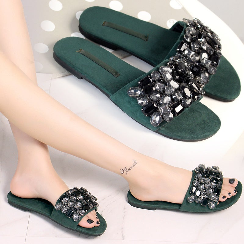 Large Rhinestone Flat Slippers Women'S Outer Wear 2023 Fashion All-Match Non-Slip Flat Heel Women'S Sandals - Image 4