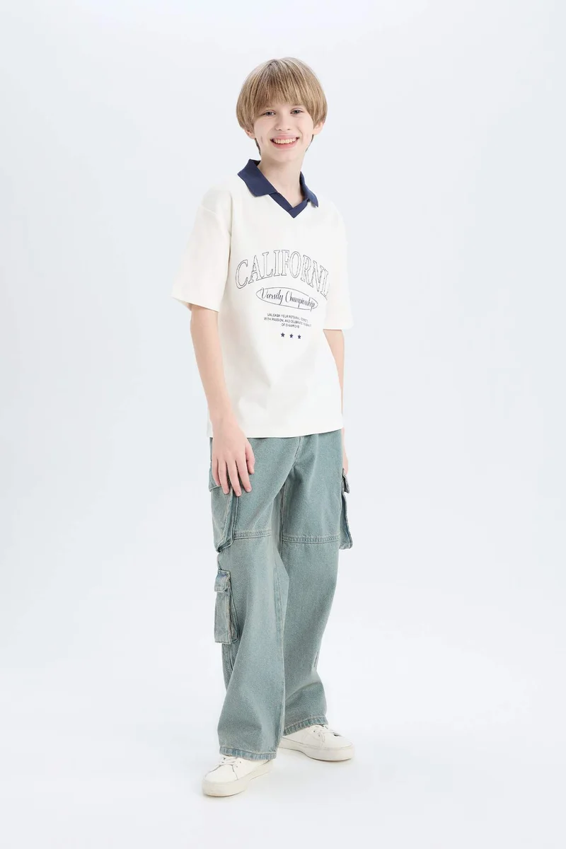 ديفاكتو Boy Oversize Fit Printed Short Sleeve Polo T-Shirt