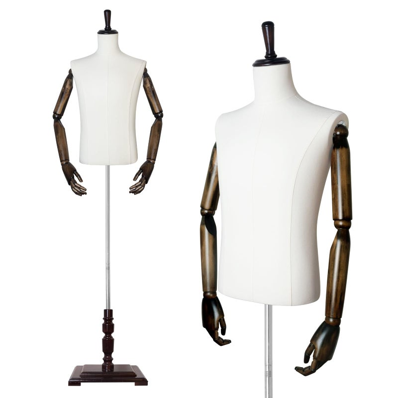 Male Mannequin Torso Dress Form Mannequin Body with Wooden Arms 6178 Height Adjustable Body with Wooden Stand for Clothing Retail Sewing Shop