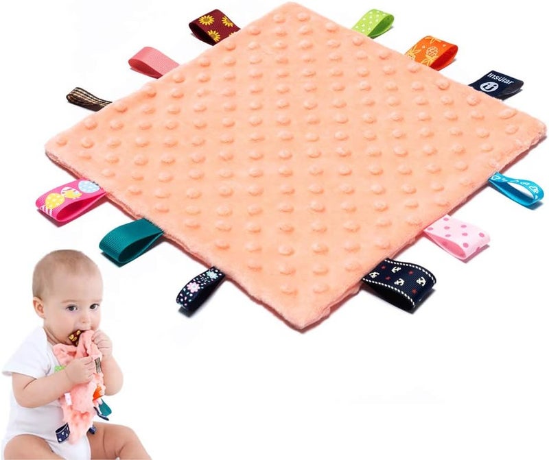AnjeeIOT Baby Tags Security Blankets - Baby Soothing Plush Blanket with Colorful Tags, 10"x10" Square Sensory Toys, Lovey for Babies Boys and Girls (Orange) - Image 1