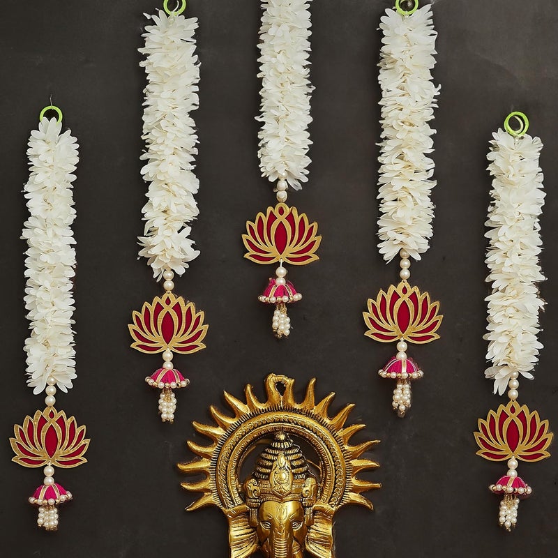 TIED RIBBONS TIED RIBBONS 5 Pcs Lotus Hangings 39 cm Each for Decor Decoration Home Wall Door Mandir Pooja Room Office Birthday Wedding Stage Backdrop Decorative Items Artificial Mogra Flowers Garlands - Image 1