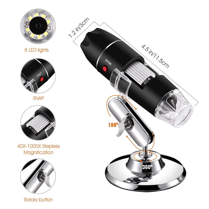 Bysameyee USB Digital Microscope 40X to 1000X, 8 LED Magnification Endoscope Camera with Carrying Case & Metal Stand, Compatible for Android Windows 7 8 10 11 Linux Mac (Not for iPhone/iPad) - Image 4