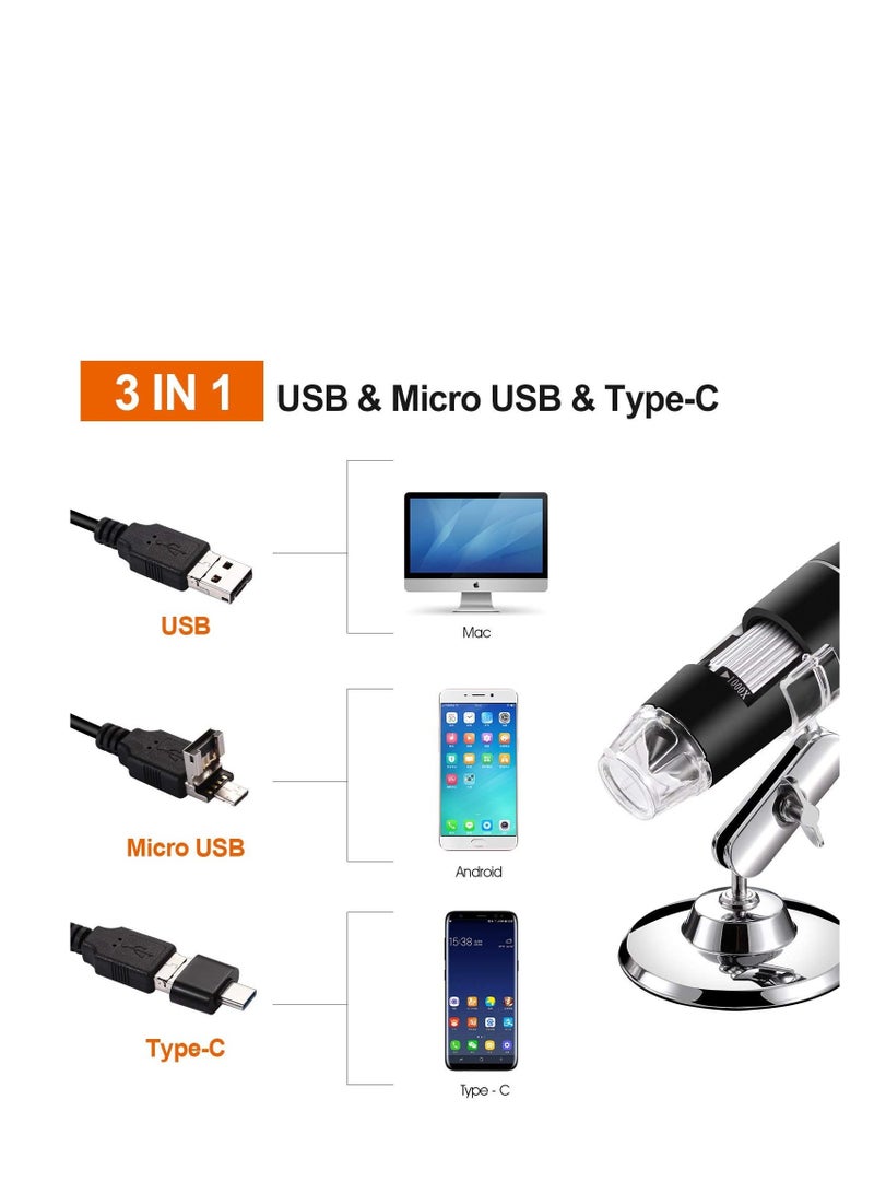 Bysameyee USB Digital Microscope 40X to 1000X, 8 LED Magnification Endoscope Camera with Carrying Case & Metal Stand, Compatible for Android Windows 7 8 10 11 Linux Mac  - Image 2