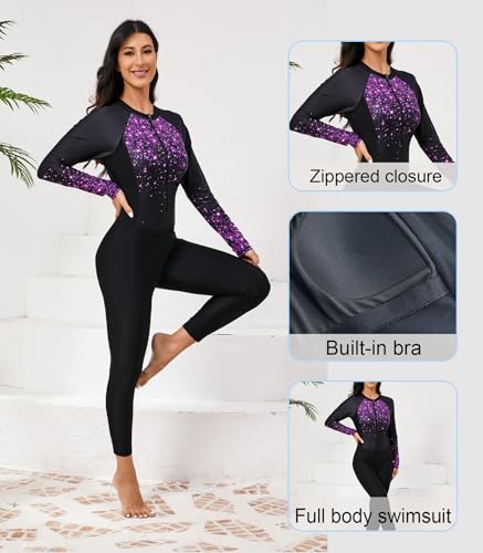 ALLTOKE Womens Full Body Rash Guard with Built in Bra Long Sleeve One Piece Swimsuit UPF50+ Zip Front Bathing Suit Black Starry Sky M - Image 3