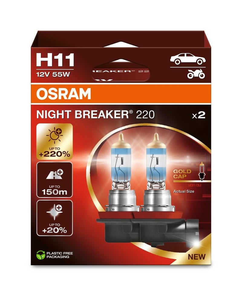 OSRAM NIGHT BREAKER 220, H11, 220% more brightness, halogen headlight lamp, 64211NB220-2HB, Folding Box (2 lamps), white - Image 1