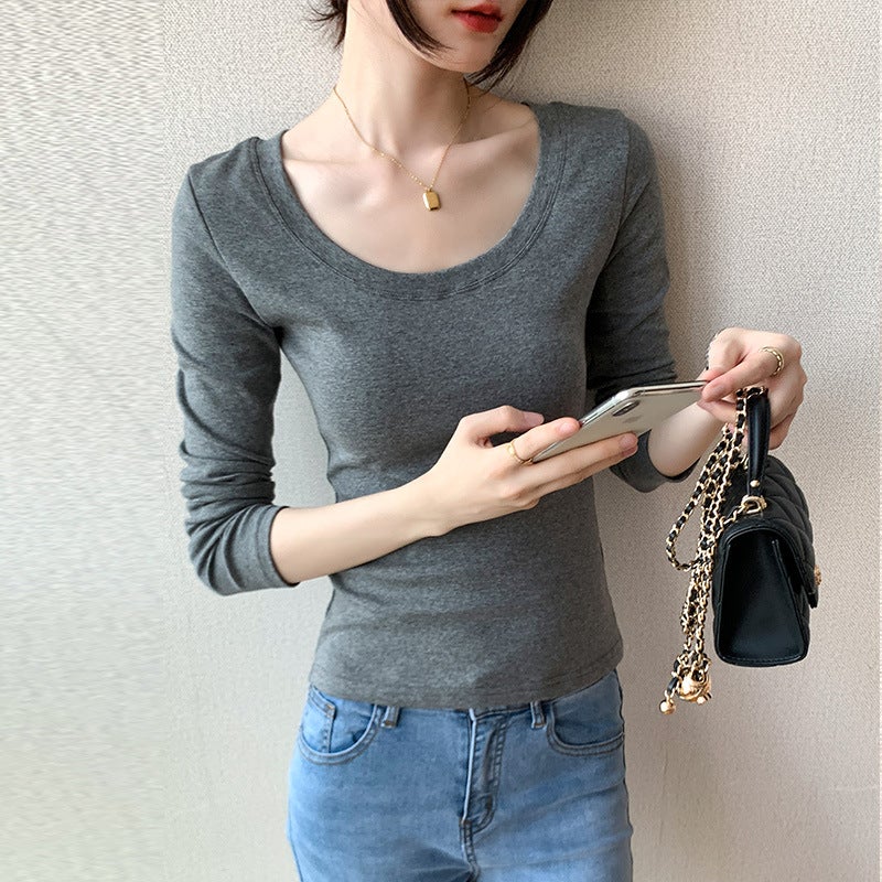 230g Pure Cotton Long-Sleeved Women's T-Shirt Right Shoulder 2025 Autumn New Slim Fit Pure Color Large Size Top Bottoming Shirt - Image 5