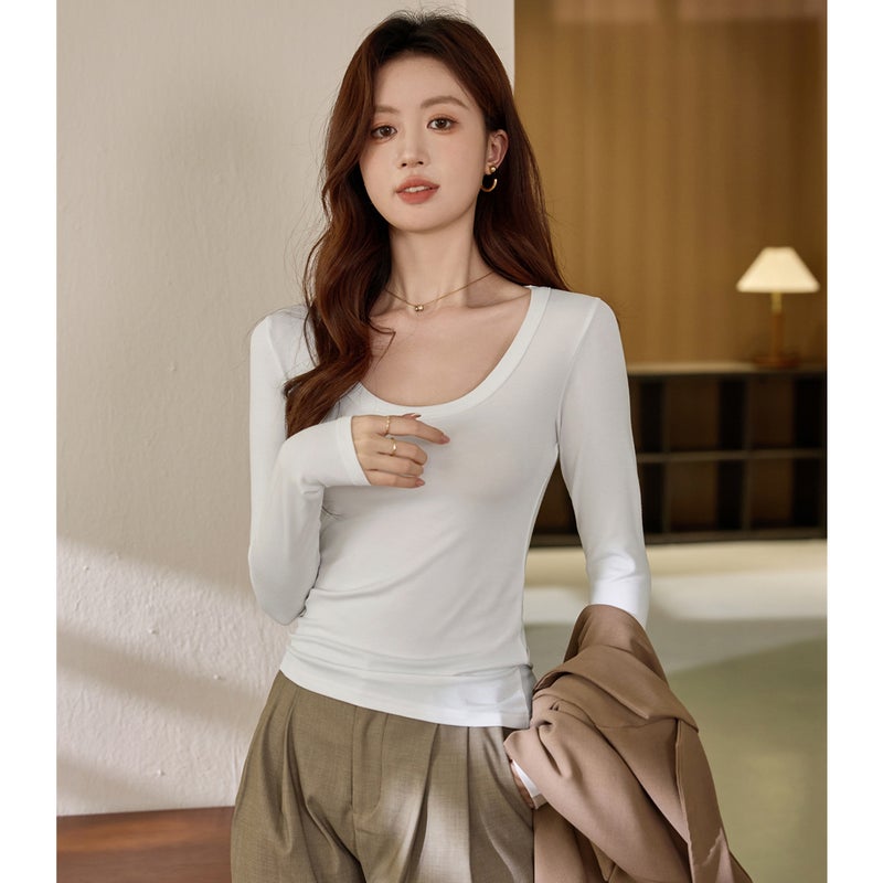 230g Pure Cotton Long-Sleeved Women's T-Shirt Right Shoulder 2025 Autumn New Slim Fit Pure Color Large Size Top Bottoming Shirt - Image 1