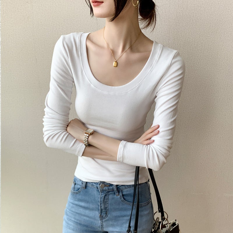 230g Pure Cotton Long-Sleeved Women's T-Shirt Right Shoulder 2025 Autumn New Slim Fit Pure Color Large Size Top Bottoming Shirt - Image 3