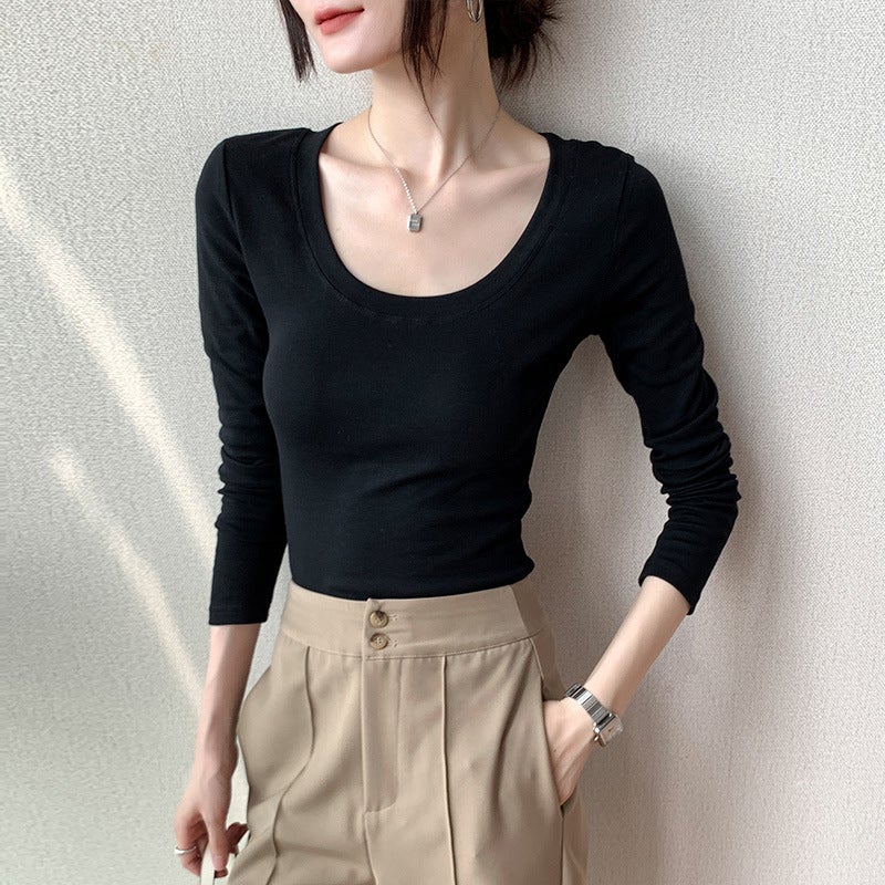 230g Pure Cotton Long-Sleeved Women's T-Shirt Right Shoulder 2025 Autumn New Slim Fit Pure Color Large Size Top Bottoming Shirt - Image 2