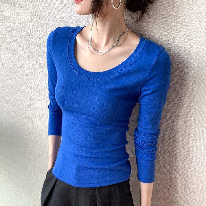 230g Pure Cotton Long-Sleeved Women's T-Shirt Right Shoulder 2025 Autumn New Slim Fit Pure Color Large Size Top Bottoming Shirt - Image 4