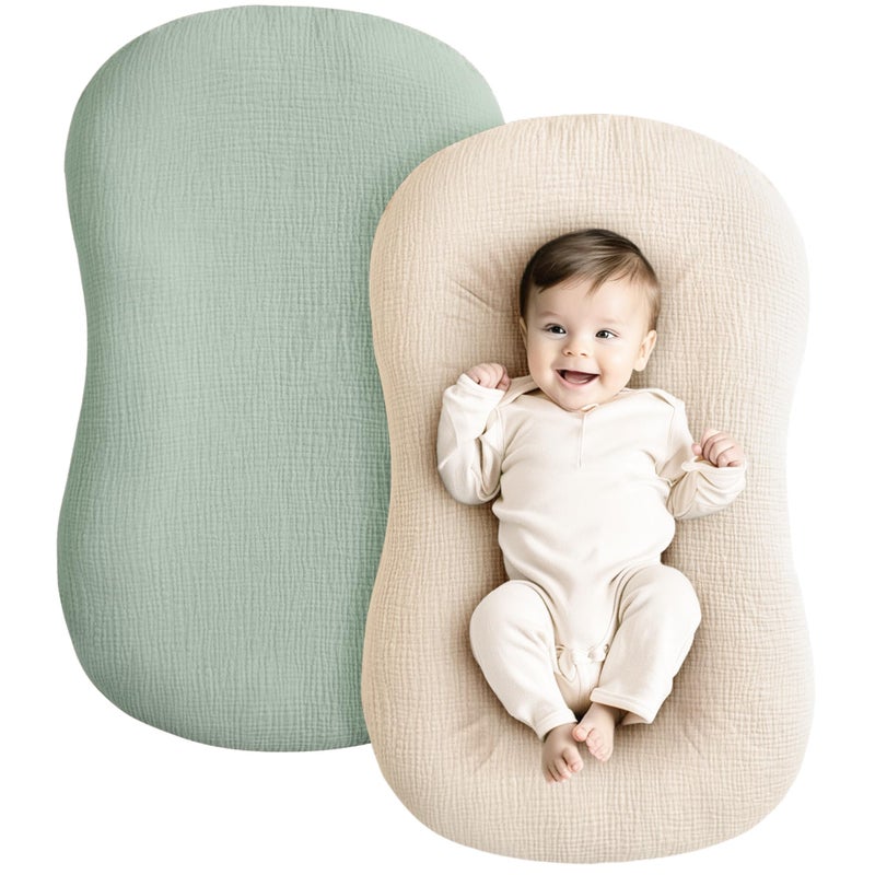 Konssy Muslin Baby Lounger Cover 2 Pack, 100% Cotton Newborn Lounger Cover, Soft and Breathable Baby Nest Slipcover for Boys Girls (Green,Wheat) - Image 1