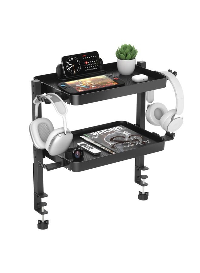 KDD Clamp On Desk Organizer - Adjustable 2-Tier Above or Under Desk Shelves with Large Capacity Tray, Phone & Tablet Holder, Headphone Hook - No Drilling Desktop Storage for Office & Home Accessories - Image 1