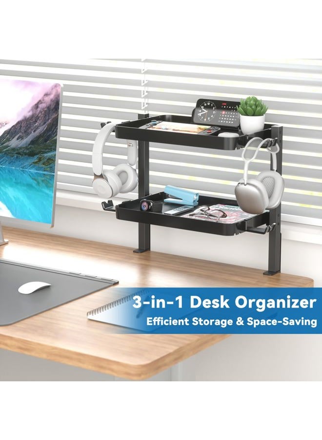KDD Clamp On Desk Organizer - Adjustable 2-Tier Above or Under Desk Shelves with Large Capacity Tray, Phone & Tablet Holder, Headphone Hook - No Drilling Desktop Storage for Office & Home Accessories - Image 2