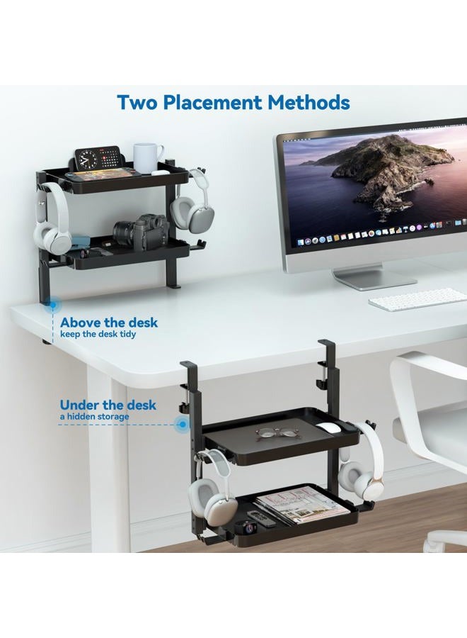 KDD Clamp On Desk Organizer - Adjustable 2-Tier Above or Under Desk Shelves with Large Capacity Tray, Phone & Tablet Holder, Headphone Hook - No Drilling Desktop Storage for Office & Home Accessories - Image 4