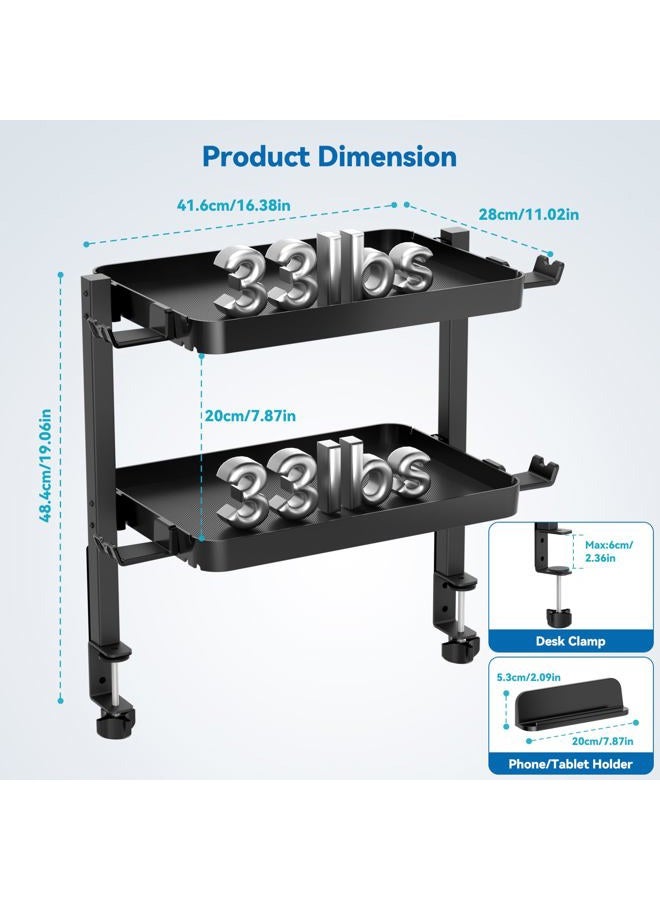 KDD Clamp On Desk Organizer - Adjustable 2-Tier Above or Under Desk Shelves with Large Capacity Tray, Phone & Tablet Holder, Headphone Hook - No Drilling Desktop Storage for Office & Home Accessories - Image 3