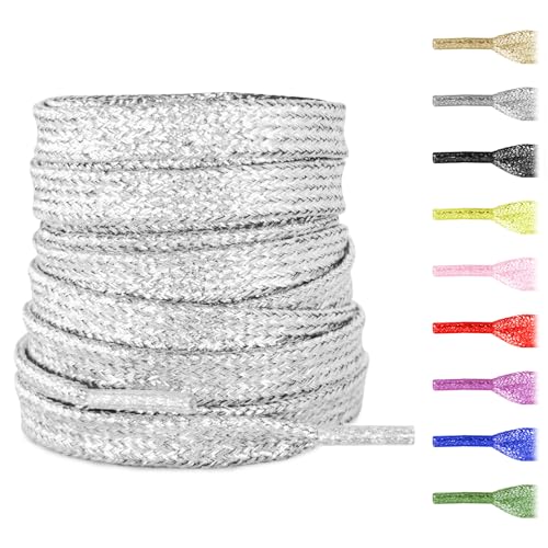 NDTEZUGT Flat Metallic Glitter Shoe Laces for Sneaker,5/16"(8mm) Sparkly Colorful Bling Sparkle Shoelaces Replacement Strings (Silver,54"/140cm) - Image 1