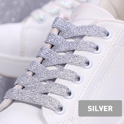 NDTEZUGT Flat Metallic Glitter Shoe Laces for Sneaker,5/16"(8mm) Sparkly Colorful Bling Sparkle Shoelaces Replacement Strings (Silver,54"/140cm) - Image 3