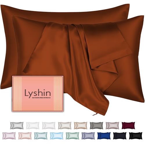 LYSHIN Silk Pillow Cases 2 Pack Standard Size with Hidden Zipper, Mulberry Silk Pillowcase for Hair and Skin, Smooth and Soft Breathable Cooling Silk Satin Pillowcase Set of 2, Gifts for Women，Burnt Orange - Image 1