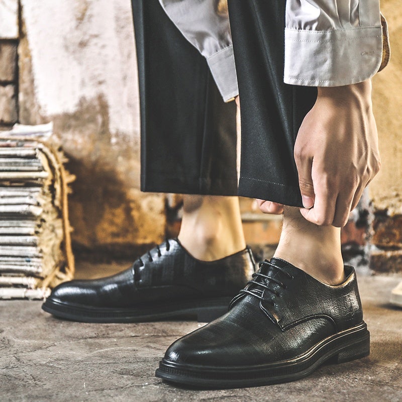 Men''s Black Business Formal Leather Shoes, Men''s Height-Increasing Spring Breathable Casual British Style Groom''s Wedding Shoes - Image 1