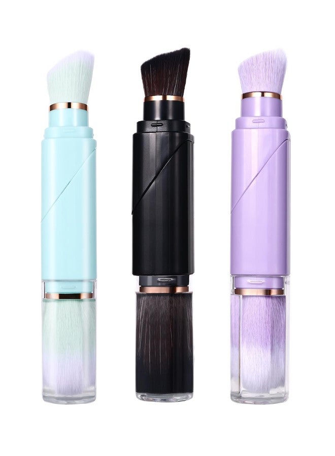Vtrem Retractable Travel Makeup Brush: 3 Colors Kabuki Double-Ended Foundation Blush Brushes Set Mini Compact Face Brush with Cover Highlighter Flawless Powder Cosmetics, Blue Black Purple - Image 1