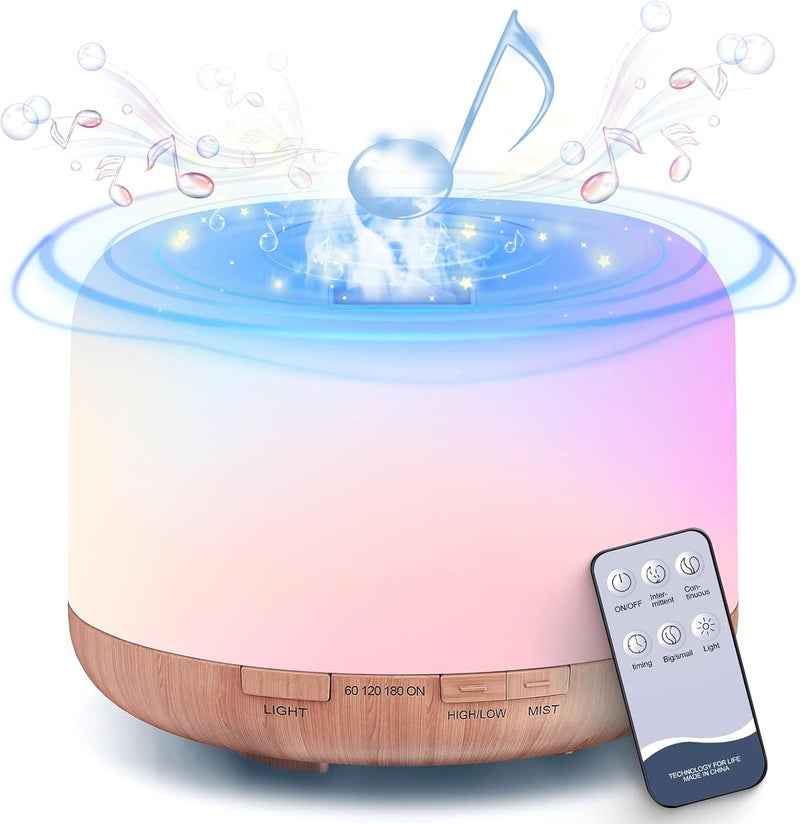 Kueh 500ml Essential Oil Diffuser with Bluetooth Speaker 5.0, Quiet Aromatherapy Mist Diffusers for Essential Oils, Ultrasonic Oil Diffuser with Remote Control, 7 Colors Light for Bedroom - Image 1