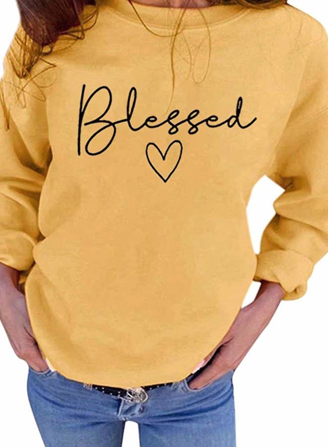 UNIQUEONE Blessed Sweatshirt for Women Letter Print Lightweight Thanksgiving Pullover Tops Blouse, Yellow, XL - Image 1