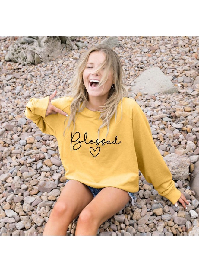 UNIQUEONE Blessed Sweatshirt for Women Letter Print Lightweight Thanksgiving Pullover Tops Blouse, Yellow, XL - Image 2