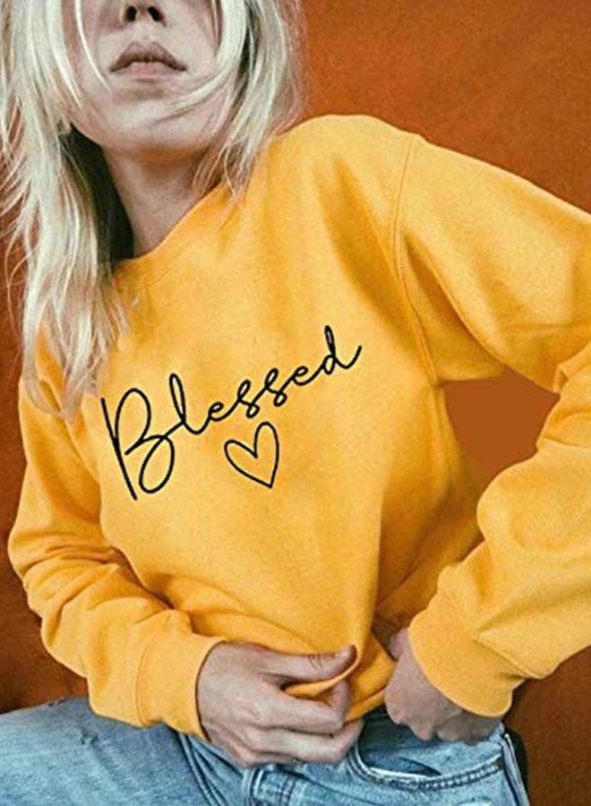 UNIQUEONE Blessed Sweatshirt for Women Letter Print Lightweight Thanksgiving Pullover Tops Blouse, Yellow, XL - Image 3