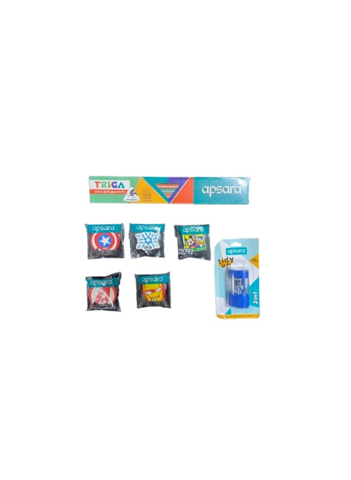 Apsara Triga Extra Dark Triangle Pencils + 5PCS Marvel & Disney Character Erasers + 2-in-1 Sharpener Combo Set – Kids Stationery Pack