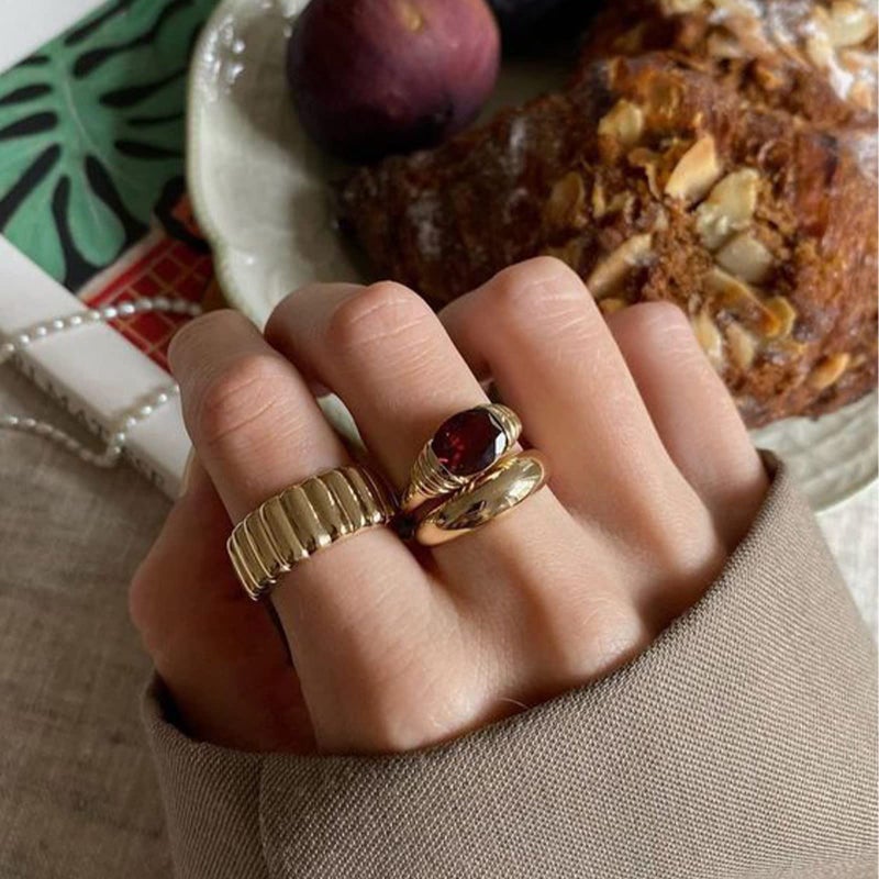 AllenCOCO Gold Ring for Women Trendy Ruby Ring Red Gemstone Chunky Ring 18k Gold Plated Band Ring Signet Statement Ring Size 7 - Image 4