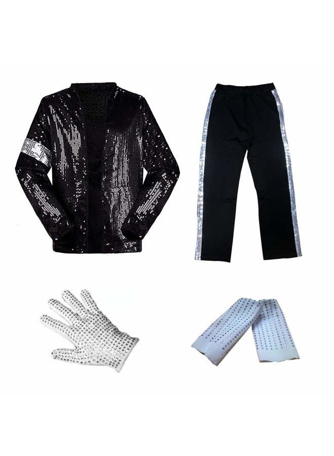 Ciguo Michael Jackson Billie Jean Jacket Suit Dance Cosplay Costume for Adult Child, 4 Pcs Included: Jacket/Trousers/Gloves/Sock (Height: 130-145cm, Weight: 30-35kg) - Image 1