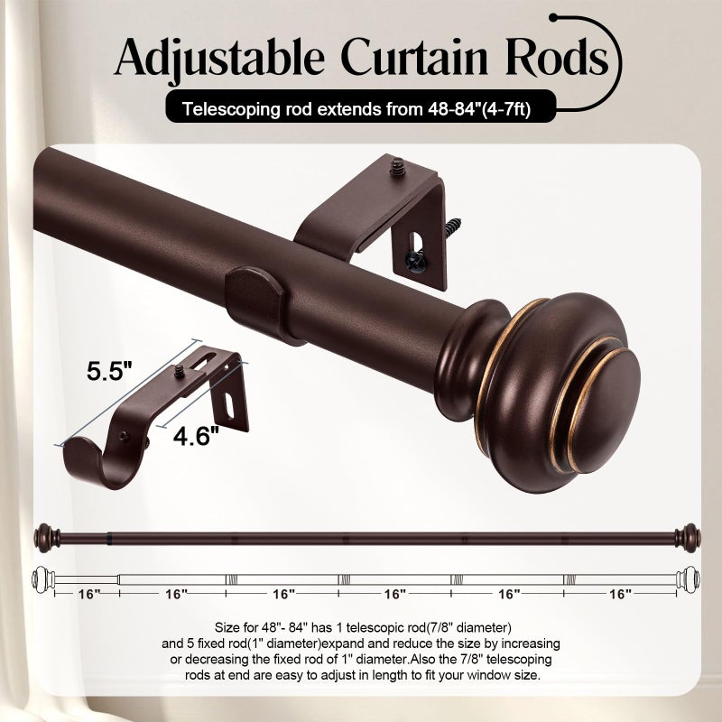 SIMEWIN Heavy Duty Curtain Rods for Windows 48 to 84 Inches, Bronze Curtain Rods with Classic Finials for Bedroom, Living Room, Patio, Kitchen - Image 5